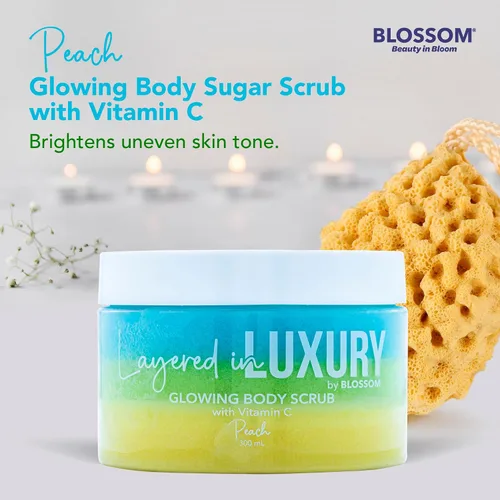 Vista 2 de Blossom Capa de espuma perfumada brillante de lujo, exfoliante corporal con vitamina C iluminadora para la piel, sin crueldad, 10.1 fl oz, melocotón