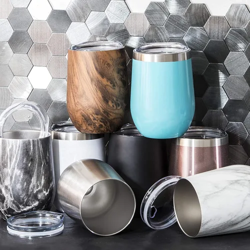 Vista 5 de Sipworks Vaso de vino de acero inoxidable: copa de vino sin tallo aislada al vacío de doble pared con tapa, 12 onzas, juego de 2, caoba/oro rosa