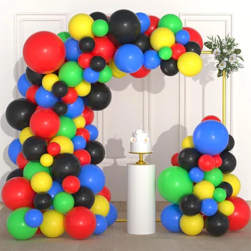 Vista 18 de Juego de globos de color azul real, negro y plateado metálico, 122 unidades, guirnalda de arco de globos azul real y negro para videojuegos