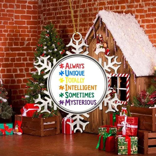 Vista 5 de Adornos únicos a veces para árbol de Navidad, apoyo para autismo, decoración de Navidad, conciencia de autismo, adorno de copo de nieve de metal