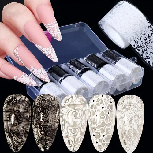 Vista 8 de 10 rollos de calcomanías holográficas retro de transferencia de láminas láser de encaje negro, suministros de arte de uñas, diseños de papel