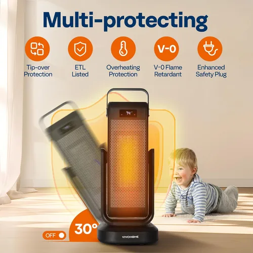 Vista 5 de VIVOHOME Calentador de espacio para uso en interiores, calentador de espacio silencioso portátil oscilante 3D para habitación grande, calentador