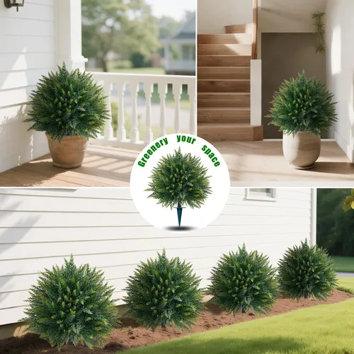 Vista 4 de Yangrass 4 árboles de bolas de cedro artificial de 23 pulgadas para exteriores con pico de tierra, cipreses artificiales resistentes a los rayos UV