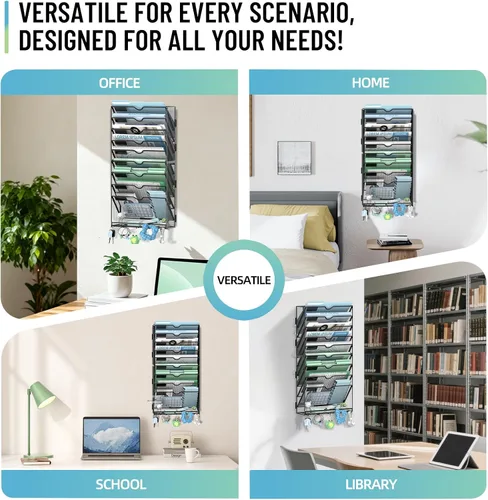Vista 4 de Organizador de archivos de pared de 10 niveles con ganchos Negro