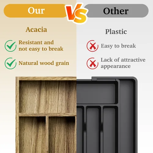 Vista 6 de Kiasthome Organizador de Cajón de Cubiertos de Madera de Acacia, Organizador de Cajón de Utensilios de Cocina con Divisores Ranurados, Organizador