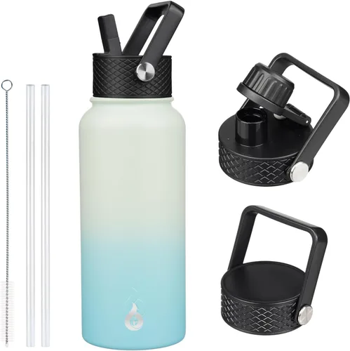 Vista 19 de BJPKPK Botellas de Agua Aisladas con Tapa de Pajita, Botella de Agua de Acero Inoxidable de 18oz, Termo Frío Caliente con 3 Tapas, Vaso de Viaje a