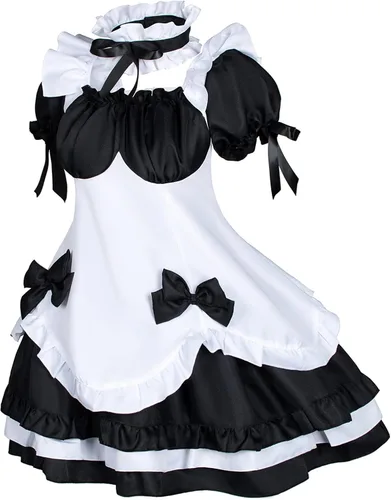 Vista 3 de Anime French Maid Lolita Fancy Queen Princess Dress Cosplay Disfraz Peludo Gato Oreja Guantes Calcetines Conjunto