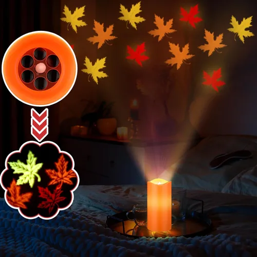 Vista 3 de Baquler Velas sin Llama con Proyector de Hojas de Arce Otoñales, Luces LED de Acción de Gracias, Luz Nocturna de Otoño con Control Remoto