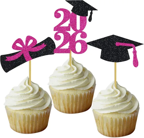 Vista 23 de Decoración para cupcakes de graduación, decoración de fiesta de graduación, selecciones de alimentos, felicitaciones, tapa de diploma con purpurina