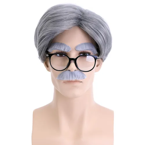 Vista 3 de Peluca gris de anciano con juego de cosplay para el día 100 de escuela, para hombres y niños, disfraz de anciano de Halloween (tamaño adulto, gris)
