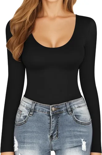 Vista 2 de MANGOPOP Body de manga larga para mujer, cuello redondo, acanalado, elástico, camiseta básica