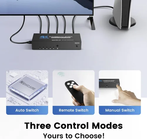 Vista 6 de [Actualización] NEWCARE 4K @60Hz HDMI Switch 5 en 1 salida con cable de carga tipo C, conmutador HDMI con control remoto IR, caja selectora HDMI