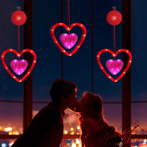 Vista 3 de Decoraciones de San Valentín, paquete de 3 luces de ventana de San Valentín, funciona con pilas, luces de corazón rojo y rosa con gancho de ventosa