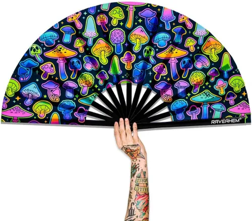Vista 17 de Abanico para rave con brillo ultravioleta, abanico de mano plegable de bambú para hombres y mujeres (psicodélico espacial, mediano de 11 pulgadas)