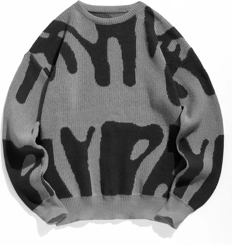 Vista 39 de ZAFUL Y2K - Suéter casual con estampado de llama estética para hombre, suéter de punto holgado, manga larga, cuello redondo