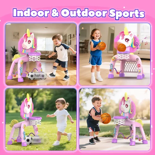 Vista 7 de Aro de baloncesto para niños pequeños y meta de fútbol, juguetes para niñas de 1, 2, 3 años, juguetes deportivos con luz y música, juguetes