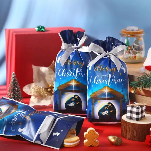 Vista 7 de Funrous 50 piezas de bolsas de regalo de Natividad - Bolsas de Navidad con cordón de plástico con lazos para regalos religiosos, Navidad, presentes
