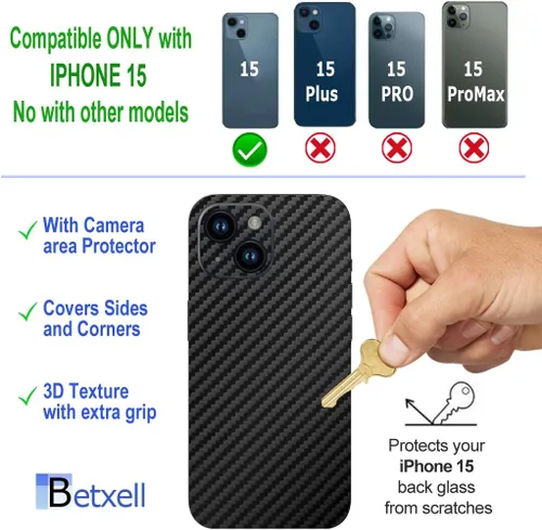 Vista 3 de Compatible con iPhone 15 Skin Wrap 3M Film Protector para lados y espalda (fibra de carbono)