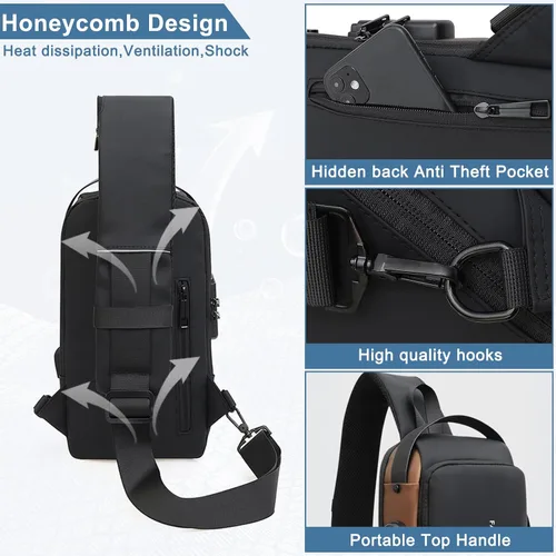 Vista 6 de Bolso bandolera con recarga USB, mochila deportiva impermeable en el pecho, mochila de hombro para viajes y viajes, Negro dorado, Ocio
