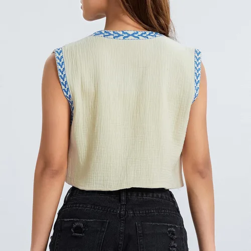 Vista 6 de Top de ganchillo para mujer, chaleco urbano bordado, cuello en V, sin mangas, parte delantera abierta, Y2K