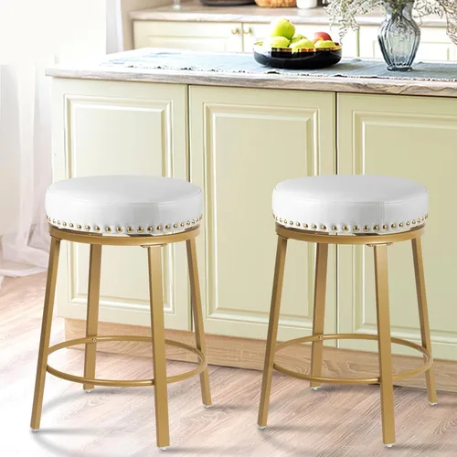 Vista 2 de White & Gold - Juego de 2 taburetes de bar giratorios de 24 pulgadas de altura de mostrador para encimera de cocina, isla sin espalda, modernos
