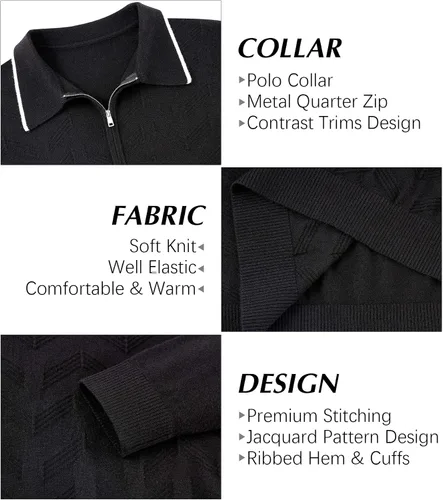 Vista 5 de uideazone Polo de punto para hombre, de manga larga, con cremallera, estilo vintage, ajustado