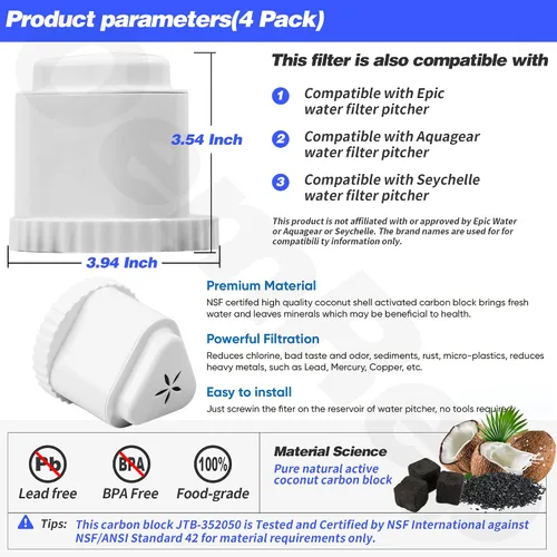 Vista 5 de 1 paquete de filtro de repuesto para jarra de filtro de agua EPIC, jarra de filtro de agua compatible con Aquagear Seychelle, sin BPA. Elimina
