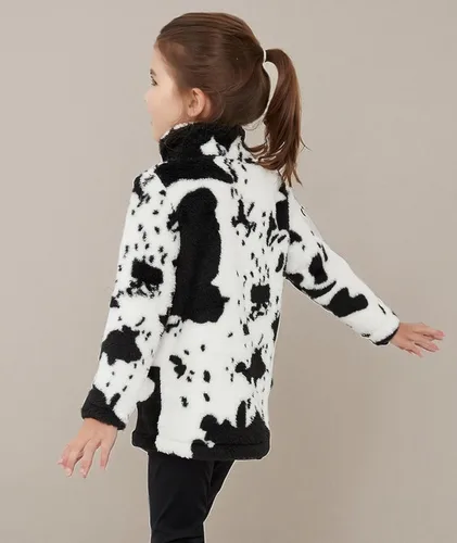 Vista 6 de Chaqueta de forro polar Sherpa con estampado de vaca para niñas, abrigo casual mullido con bolsillos