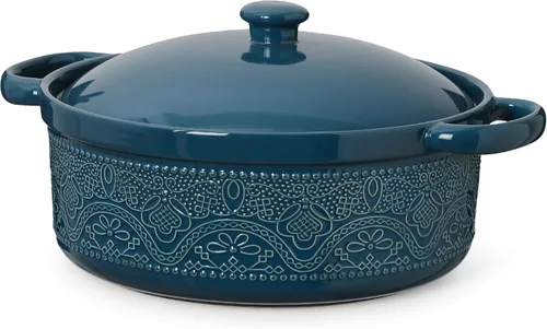 Vista 9 de FUN ELEMENTS - Cazuela, 2 cuartos de galón, plato con relieve de encaje con tapa, de cerámica para ir del horno a la mesa, asas redondas para servir