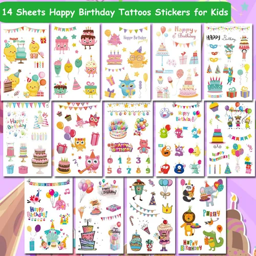 Vista 2 de CHARLENT Tatuajes de feliz cumpleaños – 14 hojas de tatuajes temporales para niños, niñas, recuerdos de fiesta y rellenos de bolsas de golosinas