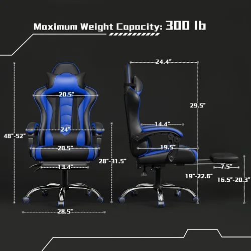 Vista 3 de Yaheetech Silla para videojuegos, silla de videojuegos con soporte lumbar de masaje y reposapiés, silla ergonómica ajustable para computadora