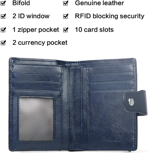Vista 2 de BOSTANTEN - Billetera de cuero para mujer con bloqueo RFID, pequeña, con cremallera, de bolsillo, para tarjetas, con ventana para documento