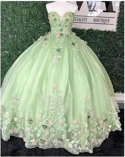 Vista 4 de XYAYE Vestidos de quinceañera de novia para mujer, vestidos de baile de flores en 3D, vestido de fiesta de encaje, sin tirantes, de tul dulce 15 16
