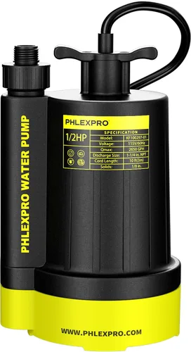Vista 10 de Bomba de agua sumergible PHLEX PRO 1/2HP, eliminación rápida de agua de 2650 GPH Negro