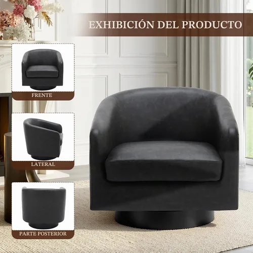 Vista 7 de Silla Giratoria de Acento de Cuero Sintético con Base de Madera, Sillas de Barril Tapizadas Modernas para Sala de Estar, Cómodo Sillón Redondo Sofá