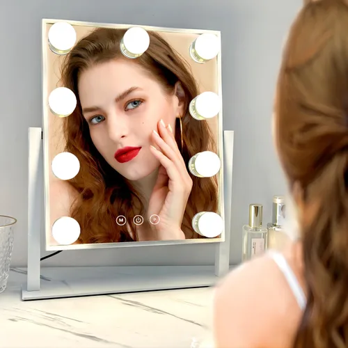 Vista 6 de Acoolda Espejo de tocador con luces, espejo de maquillaje Hollywood con 9 bombillas LED regulables, 3 modos de iluminación de color, aumento