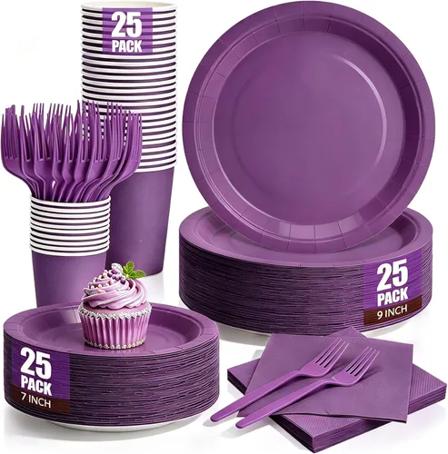 Vista 28 de Platos y servilletas de papel negro, platos desechables para fiestas, incluye platos de 7 y 9 pulgadas, tazas, servilletas, tenedores, suministros