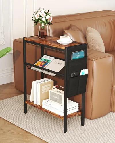 Vista 2 de Yusong Mesa auxiliar pequeña y estrecha para espacios pequeños, mesa auxiliar delgada con bolsa de almacenamiento, mesa de aperitivos para sofá