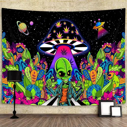 Vista 12 de JAWO Tapices alienígenas geniales, tapiz mágico psicodélico de hongos psicodélicos OVNI para colgar en la pared, decoración del hogar