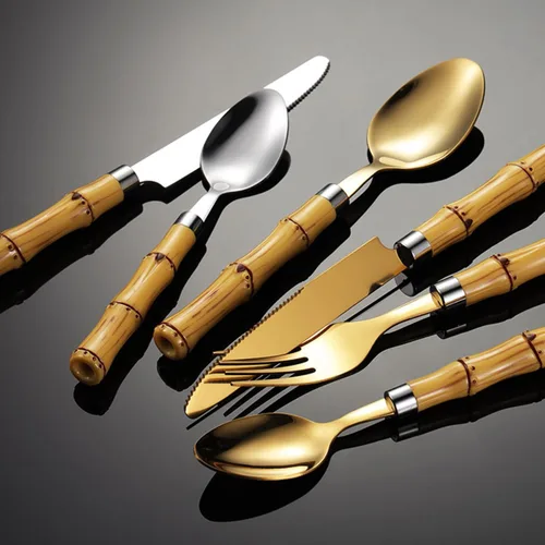 Vista 4 de Cutlery Set 40-Piece Flatware Set for 10,Bamboo Handle Food-Grade 18/8 Stainless Steel Include Dinner Forks Spoons Knives and,Gold-16 Piece Set for 4
