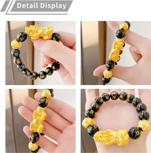 Vista 6 de Pulsera Feng Shui Pixiu de riqueza y suerte, pulseras Pi Xiu de buena suerte, pulsera de obsidiana negra Fengshui para hombres y mujeres, puede
