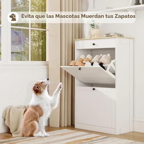 Vista 4 de Entrada de almacenamiento de zapatos con 2 cajones abatibles, armario Grano blanco+madera