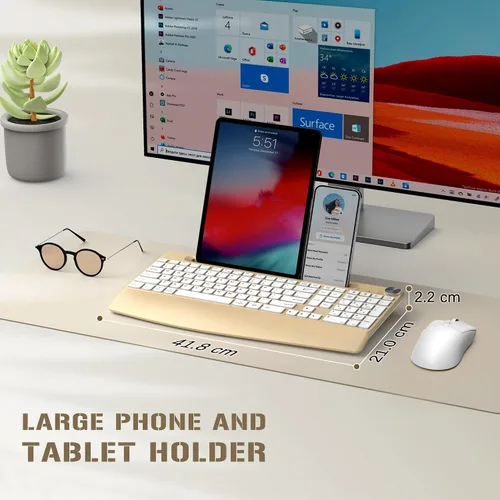 Vista 2 de GAMCATZ Teclado y mouse inalámbricos ergonómicos con reposa muñecas, soporte para teléfono - 2.4GHz, teclado y mouse inalámbricos de perfil bajo