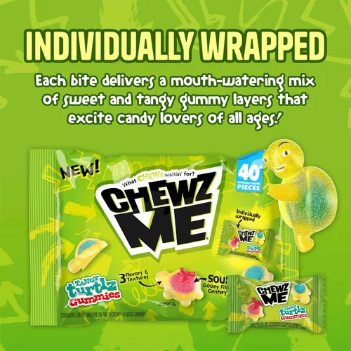 Vista 5 de ChewzMe Tangy Turtlz - Gomitas rellenas de gelatina con forma de tortuga envueltas individualmente en varios sabores, 8.46 onzas (paquete de 1)