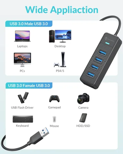 Vista 4 de PHIXERO Hub USB 3.2 Gen1 (versión compacta), divisor USB A de 4 puertos para laptop, PC de escritorio y más garantía de 5 años (1.6 pies)