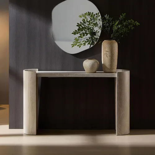 Vista 27 de 50" Modern Art Sculptural Console Table, Oval Cutout Legs, Wood Veneer, Thick Rounded Tabletop, Contemporary Entryway Sofa Table for Living Room