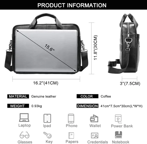 Vista 6 de Maletín de cuero genuino para hombres, bolso de hombro para computadora portátil con correa, bolso de trabajo de viaje de negocios de 15.6 pulgadas