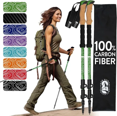 Vista 20 de 100% Carbon Fiber Trekking Poles by USA Brand - Ultra Strong Lightweight Collapsible Hiking Poles with Cork and EVA Foam Grips & Quick Adjustable