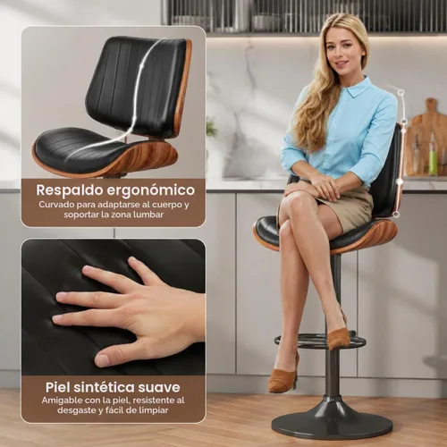 Vista 7 de Juego de 1 taburetes de bar giratorios de madera curvada ajustables para encimera de cocina, moderna silla de bar tapizada de piel sintética