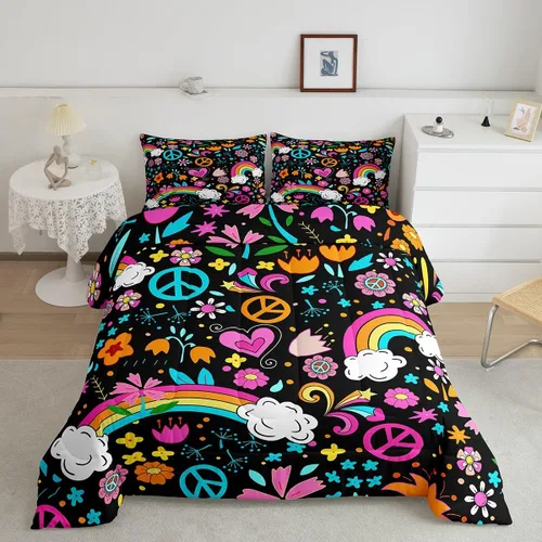Vista 31 de Lindo juego de edredón de flores para niños y mujeres. Juego de ropa de cama de flores coloridas de dibujos animados, tamaño individual, bonito